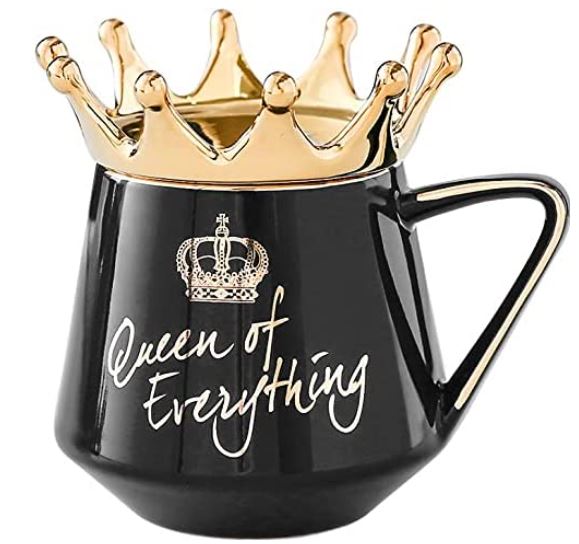 premium_ceramic crown coffee mug in black queen of everything with teaspoon