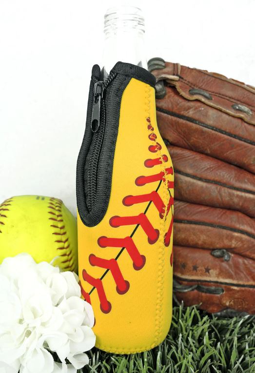 Get ready for the game with this Softball drink sleeve! Made from durable neoprene, it will keep your bottle cold and your hands warm. Featuring a partial side zipper, durable zig-zag stitched side seams, and a flattened design for easy storage. Measuring 8" tall by 3.75" wide when flat, and 7.5" tall by 2.5" in diameter at the bottom. Perfect for any softball lover!
