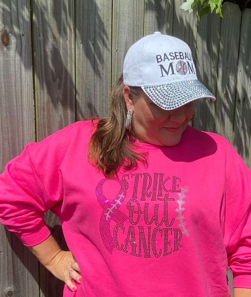 strike_out_cancer short sleeve tee shirt rhinestones sparkle bling