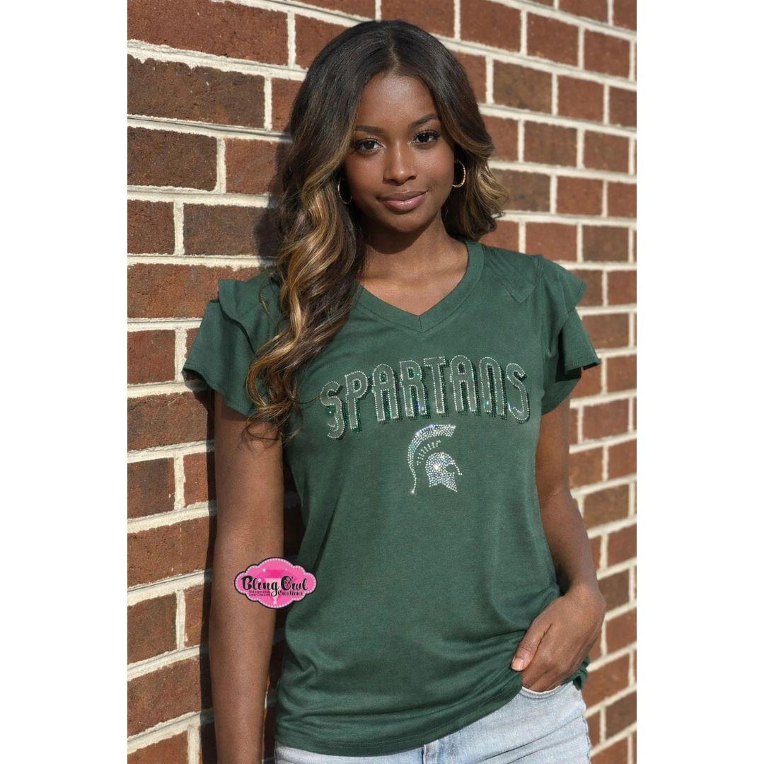 MSU Script Ruffle Sleeve Bling Tee – Women's Green V-Neck