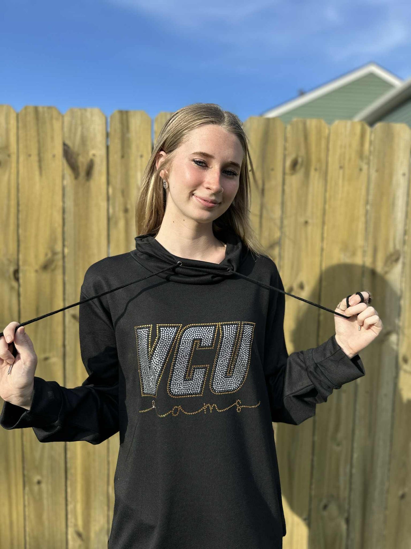 VCU Rams script underneath Cowl Neck Long Sleeve Sample