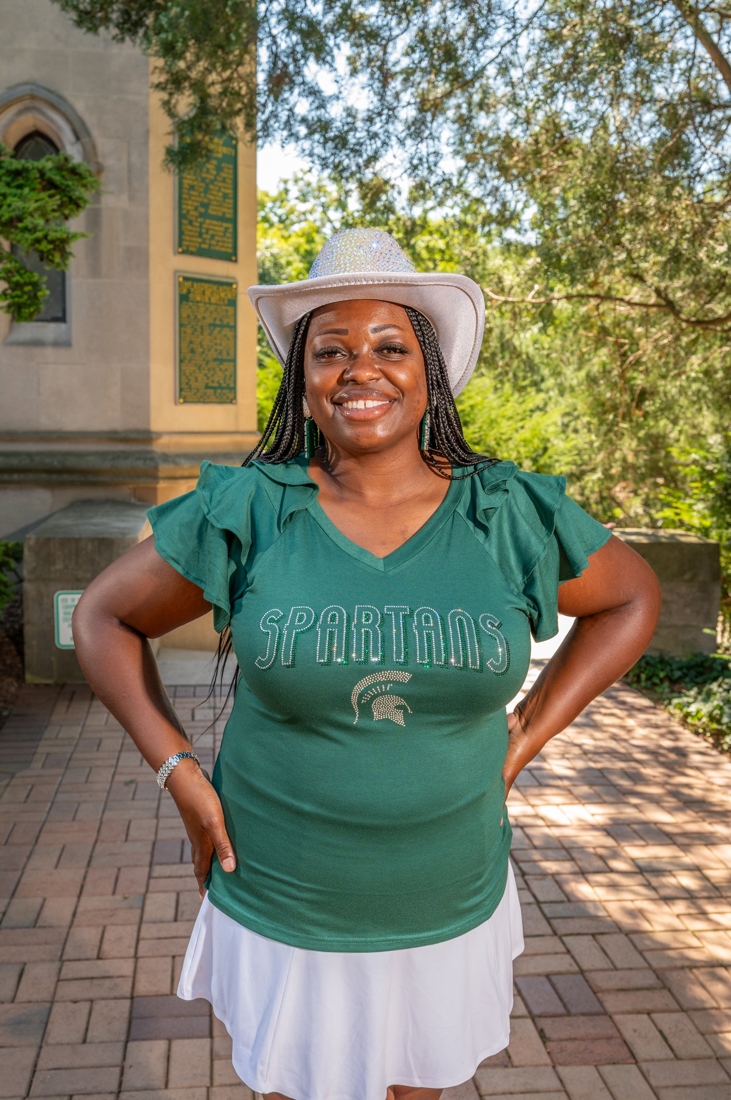 MSU Script Ruffle Sleeve Bling Tee – Women's Green V-Neck