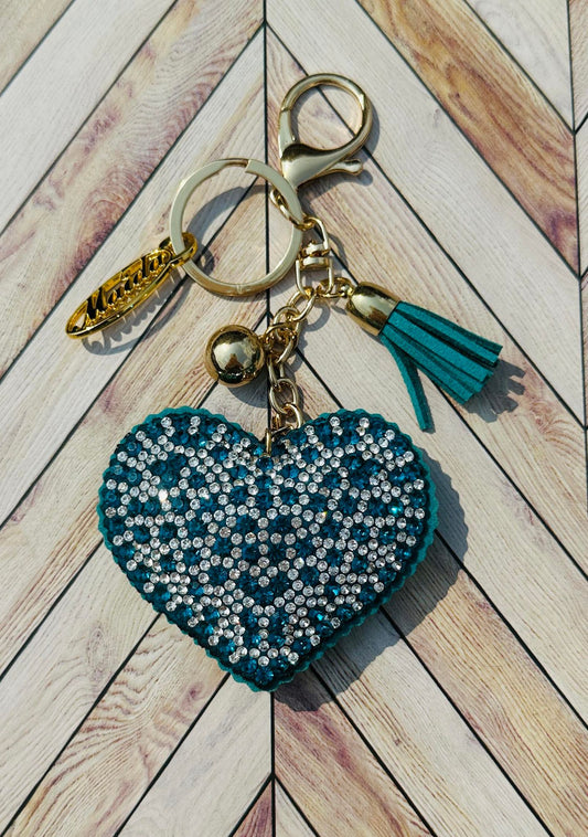Teal and Silver Heart Bling Key Chain