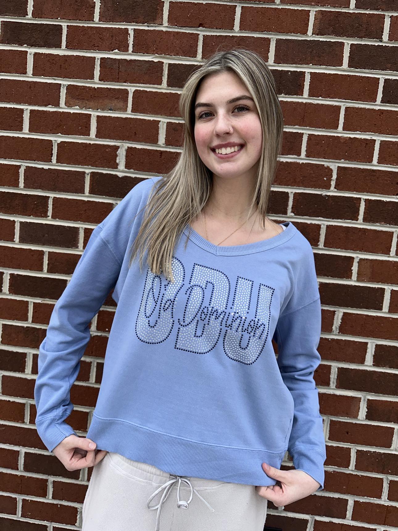 ODU Knockout Bling Denim Blue Vneck Sweatshirt