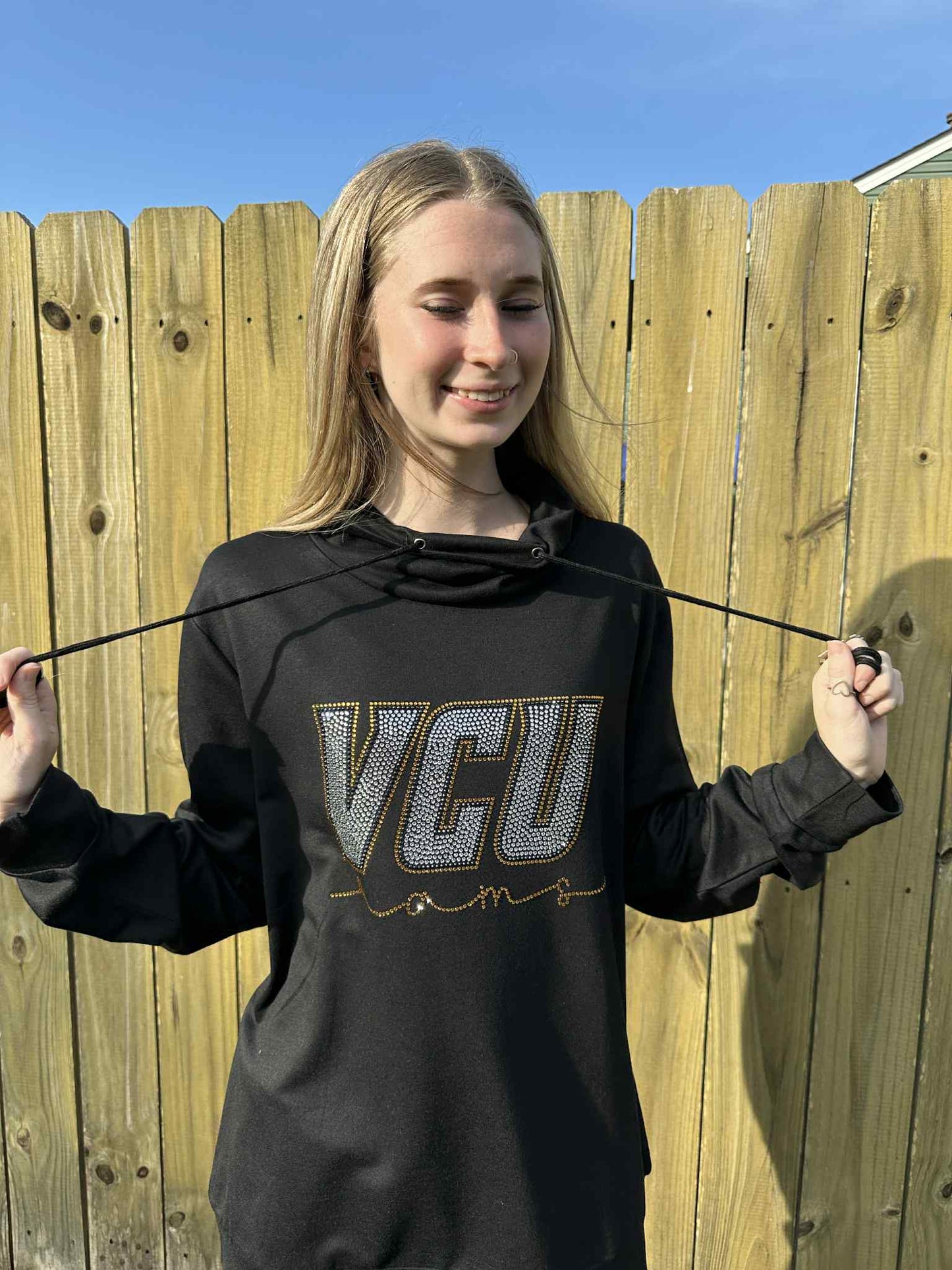 VCU Rams script underneath Cowl Neck Long Sleeve Sample