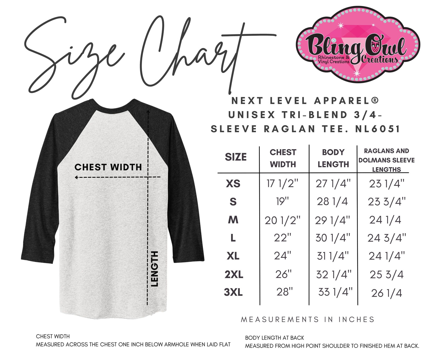 Raglan Unisex Shirt Sizing Chart