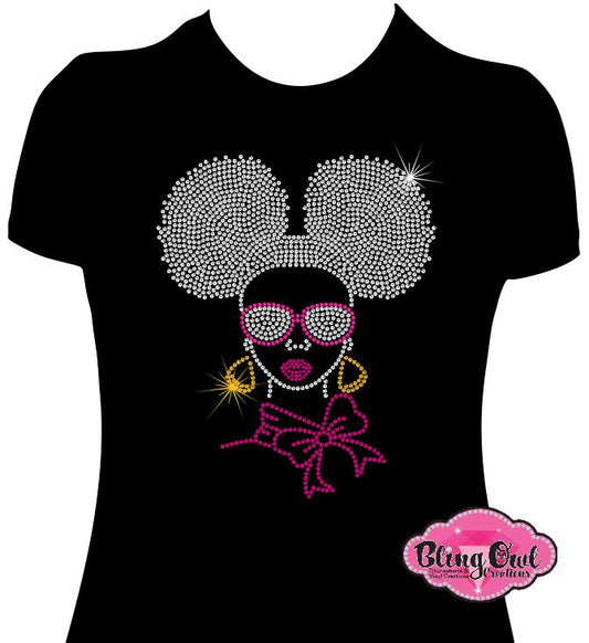 Afro Puff lady hair shirt black women cultural african american rhinestones sparkle bling