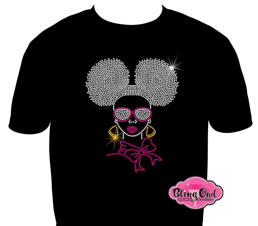 Afro Puff lady hair shirt black women cultural african american rhinestones sparkle bling