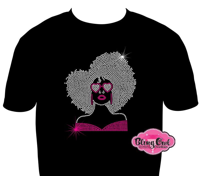 lady heart glasses shirt black women afro hair cultural african american rhinestones sparkle bling