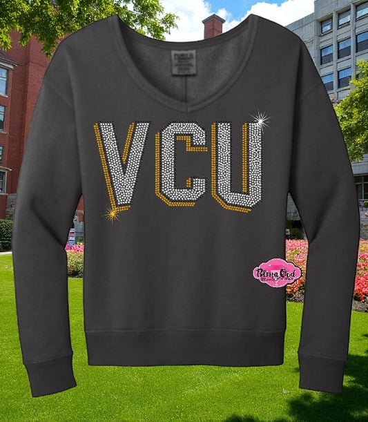 VCU Bold Arch Initials Gray Vneck Sweatshirt