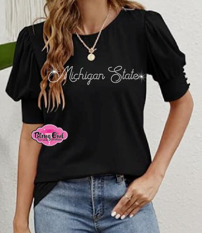 MSU Michigan State Script Bling Puff Sleeve Blouse – Black