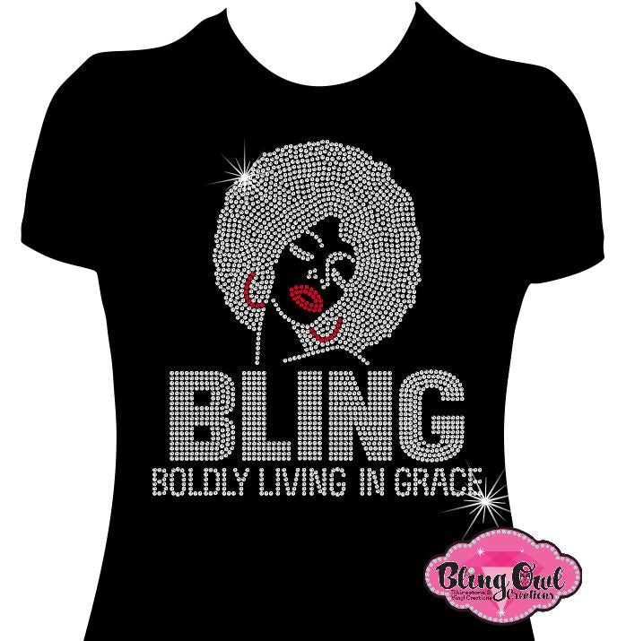 lady afro hair boldly living in grace shirt black women cultural african american rhinestones sparkle bling