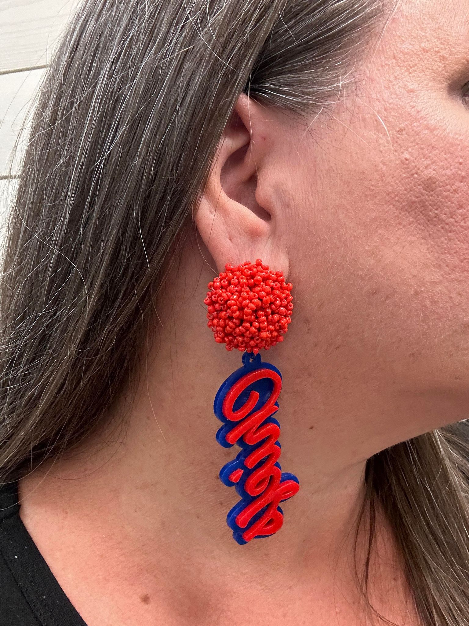 chiefs acrylic earrings pom pom toppers mascot school spirit wear