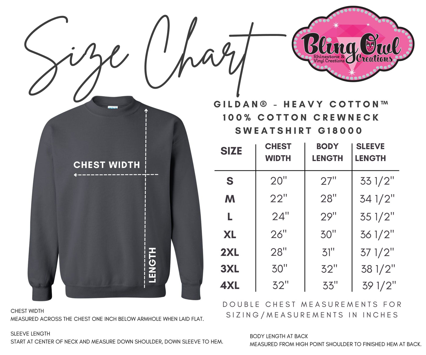 Gildan Crewneck Unisex Sweatshirt Sizing Chart