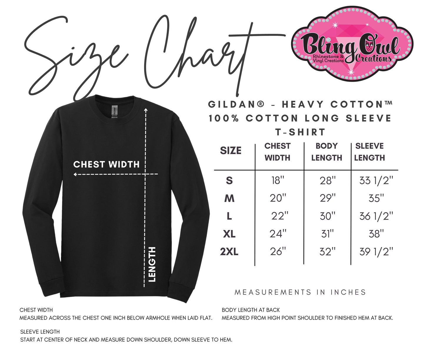 Gildan Long Sleeve Unisex Shirt Sizing Chart (No product/not for sale)