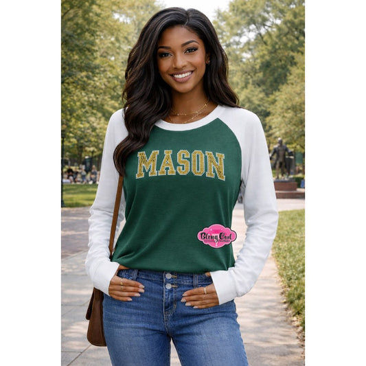GMU Mason Arch 2 Color Logo Green White Long Sleeve Womens Tshirt