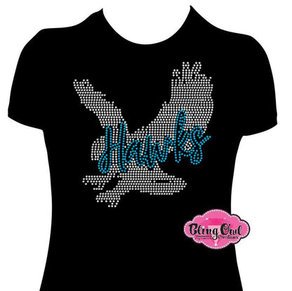 hickory hawks mascot school_spirit_wear fitted shirt school_spirit_colors personalized custom_rhinestones sparkle bling