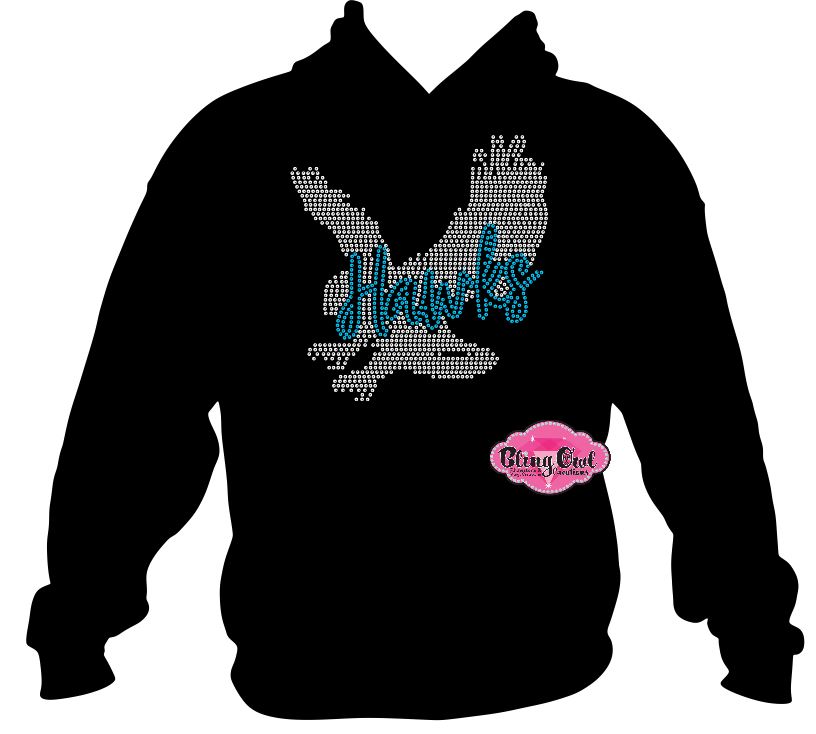 hickory hawks mascot school_spirit_wear sweatshirt school_spirit_colors personalized custom_rhinestones sparkle bling