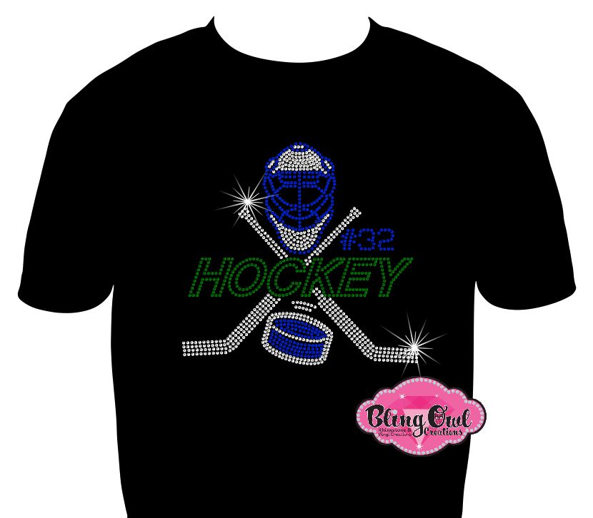 Goalie hockey number shirt bedazzled rhinestones game day proud hockey mom hockey sticks