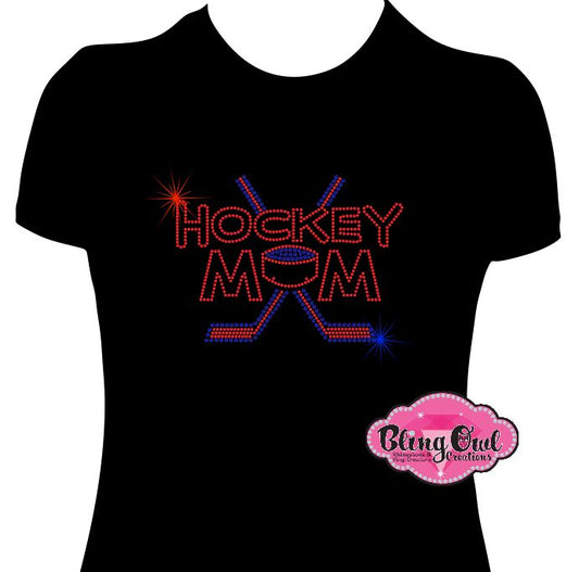 hockey Mom tshirt bedazzled hockey sticks puck rhinestones sparkle.