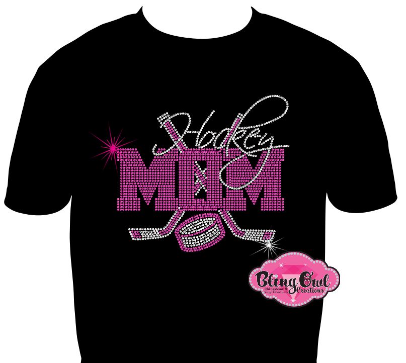 hockey mom tshirt bedazzled hockey sticks puck rhinestones sparkle