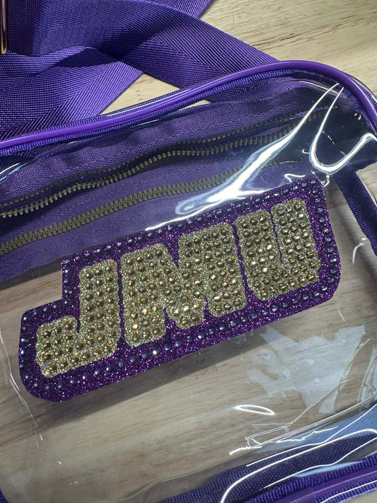 JMU Clear Crossbody Purse with Bling Decal and Adjustable Strap (Sample)