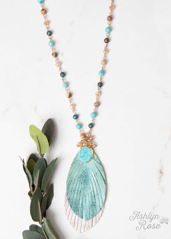 Teal Feather Vegan Leather Necklace
