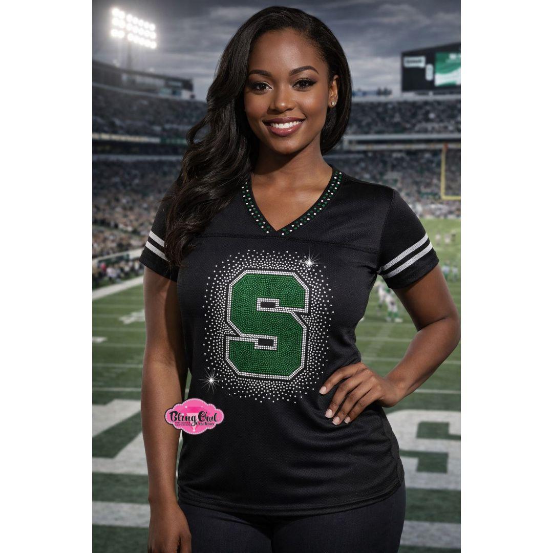 MSU Football Bling Jersey Scatter S Womens Cut