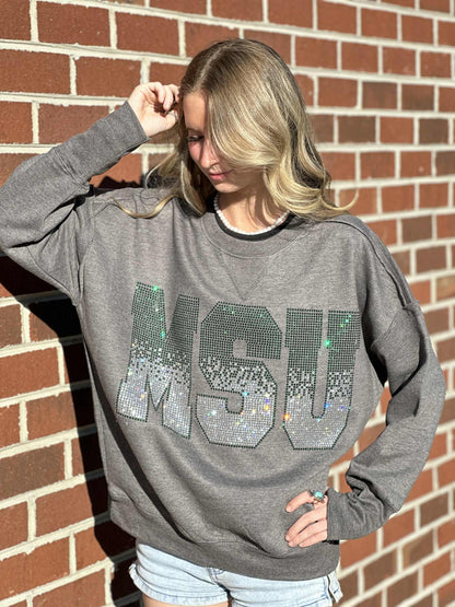 MSU Ombre Initials Crystal Crewneck