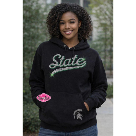 MSU State Swoosh with Spartan Helmet Rhinestone Sweatshirt