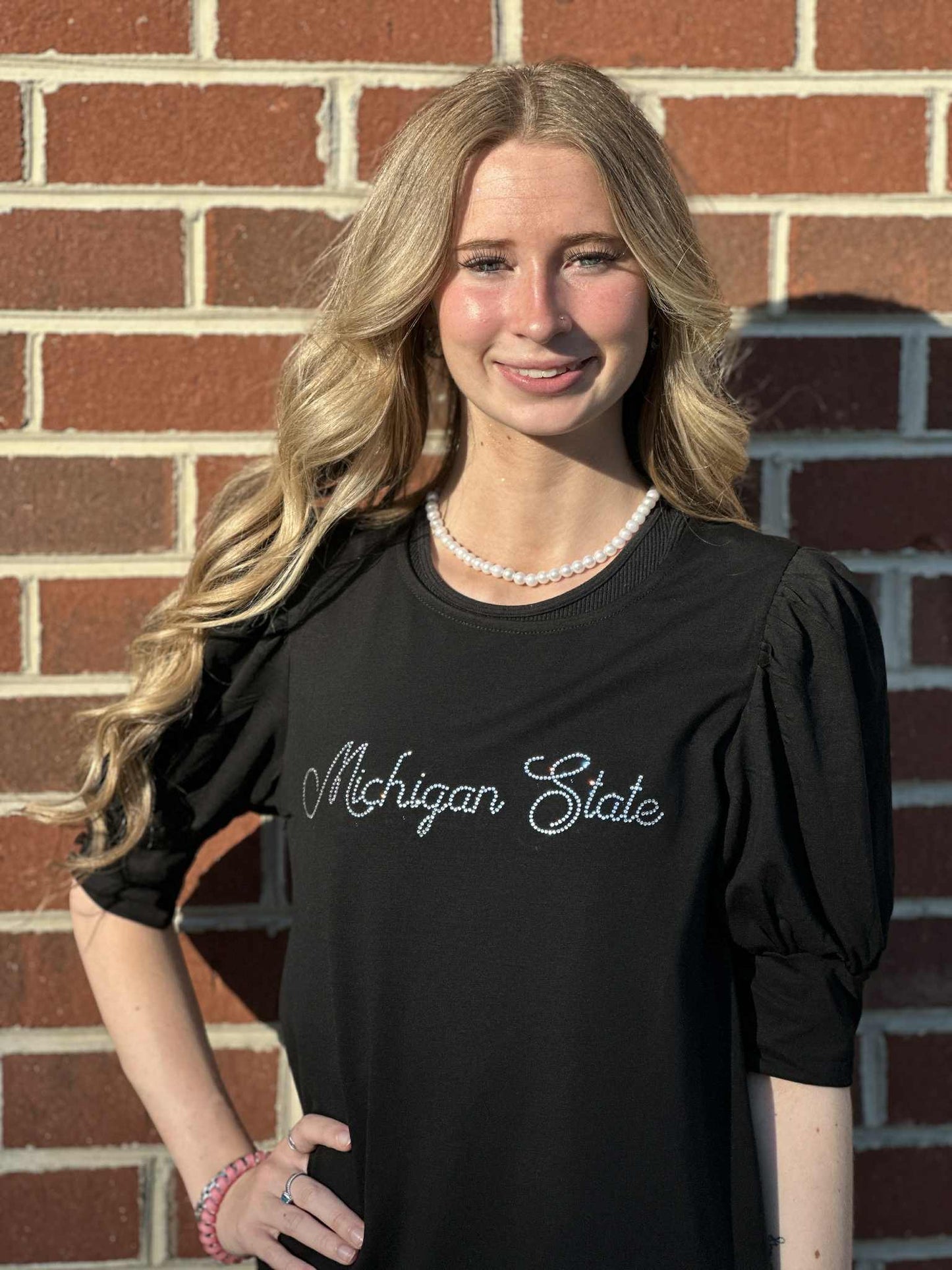 MSU Michigan State Script Bling Puff Sleeve Blouse – Black