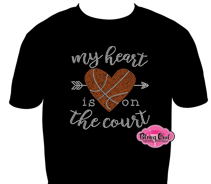 My heart is on the court basketball_mom design shirt school spirit wear for sports mom rhinestones sparkle shirt
