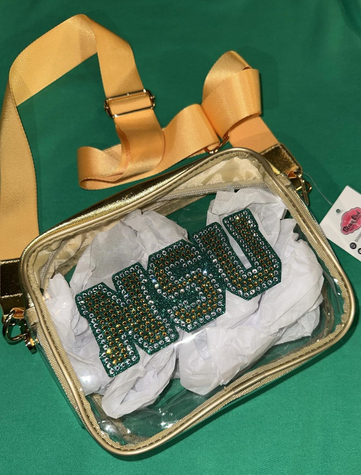 Gold NSU Clear Crossbody Purse with Bling Decal and Adjustable Strap