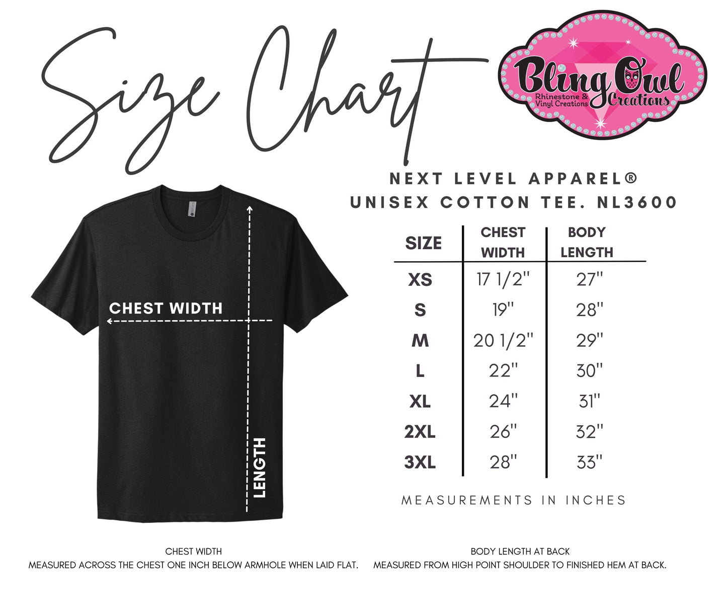 Next Level Unisex Short Sleeve Sizing Charts (No product/not for sale)