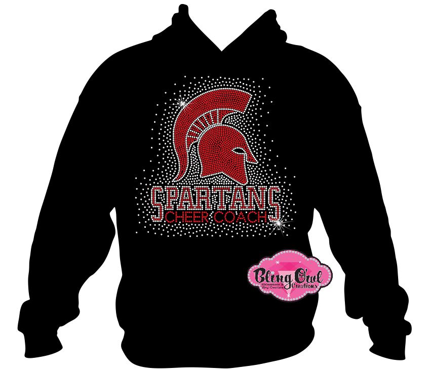 spartans cheer coach spartans mascot cheerleader cheerleading school spirit logo_school spirit wear_school spirit mascot_cheer school_colors_apparel game_day_sweatshirt pep_rally_outfit pep_club shirts rhinestones sparkles bling