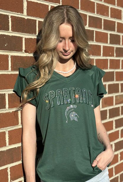 MSU Script Ruffle Sleeve Bling Tee – Women's Green V-Neck