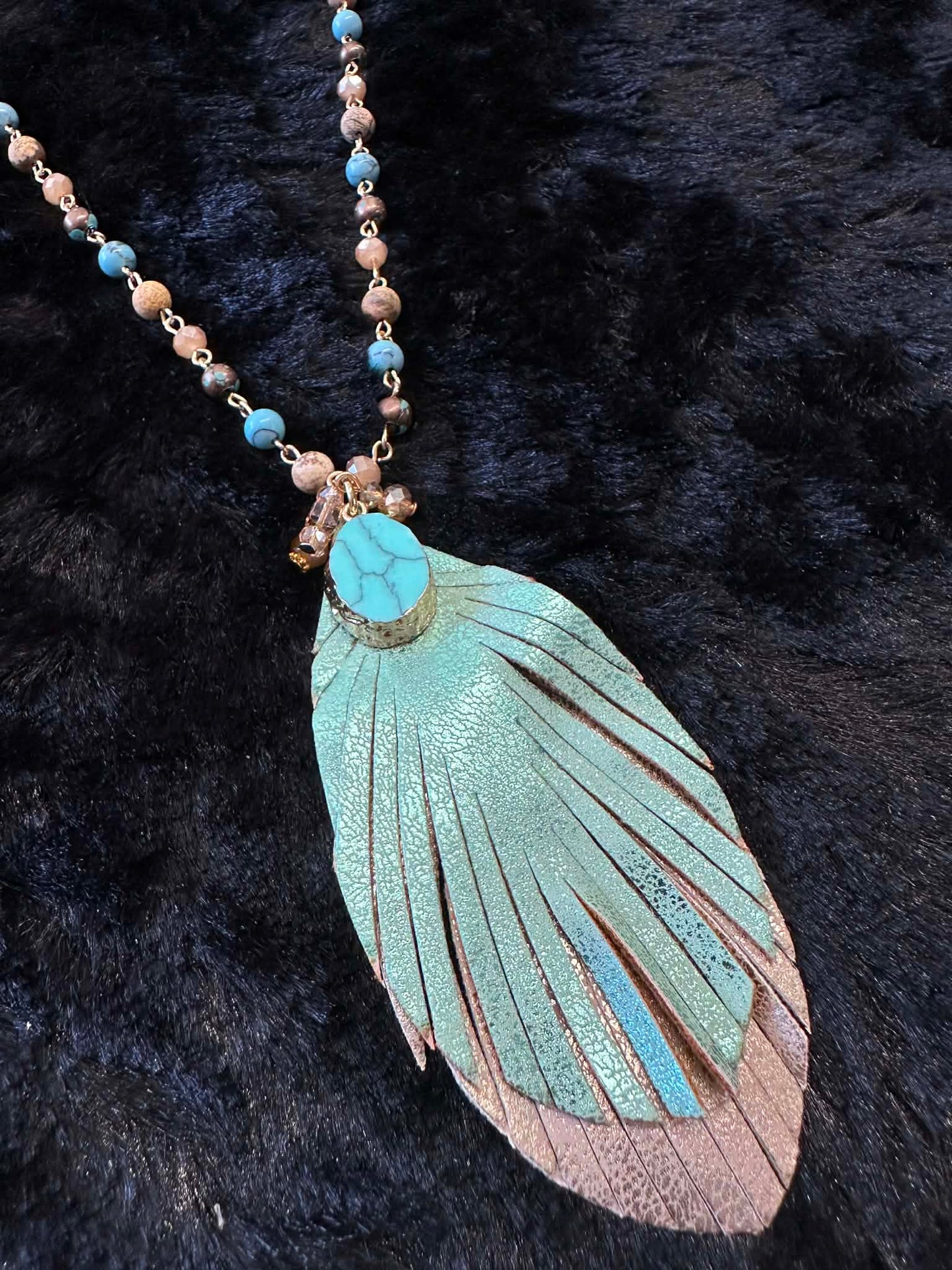 Teal Feather Vegan Leather Necklace