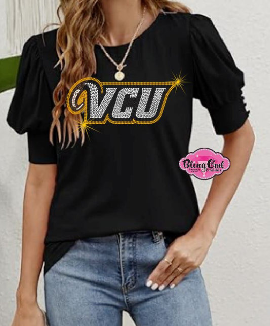 VCU Rhinestone Arch Poof Button Sleeve Blouse