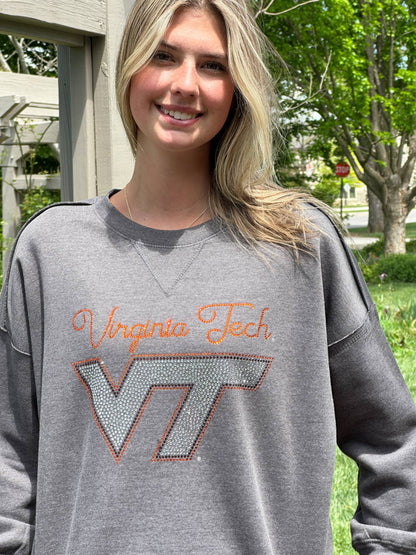 VT Virginia Tech Logo Script Sueded Fleece Crewneck
