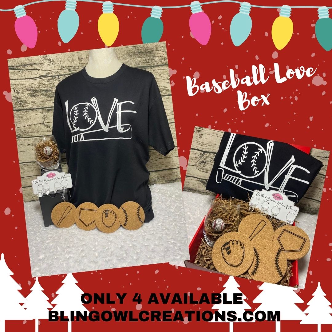 Christmas Baseball Mom Box 11 - Love Baseball Tee, Wine Glass, Coasters, Wine Charms