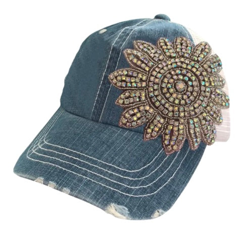 crystal flower mesh cap distressed_look adjustable straps denim blue perfect_gift western_stylesparkle and bling