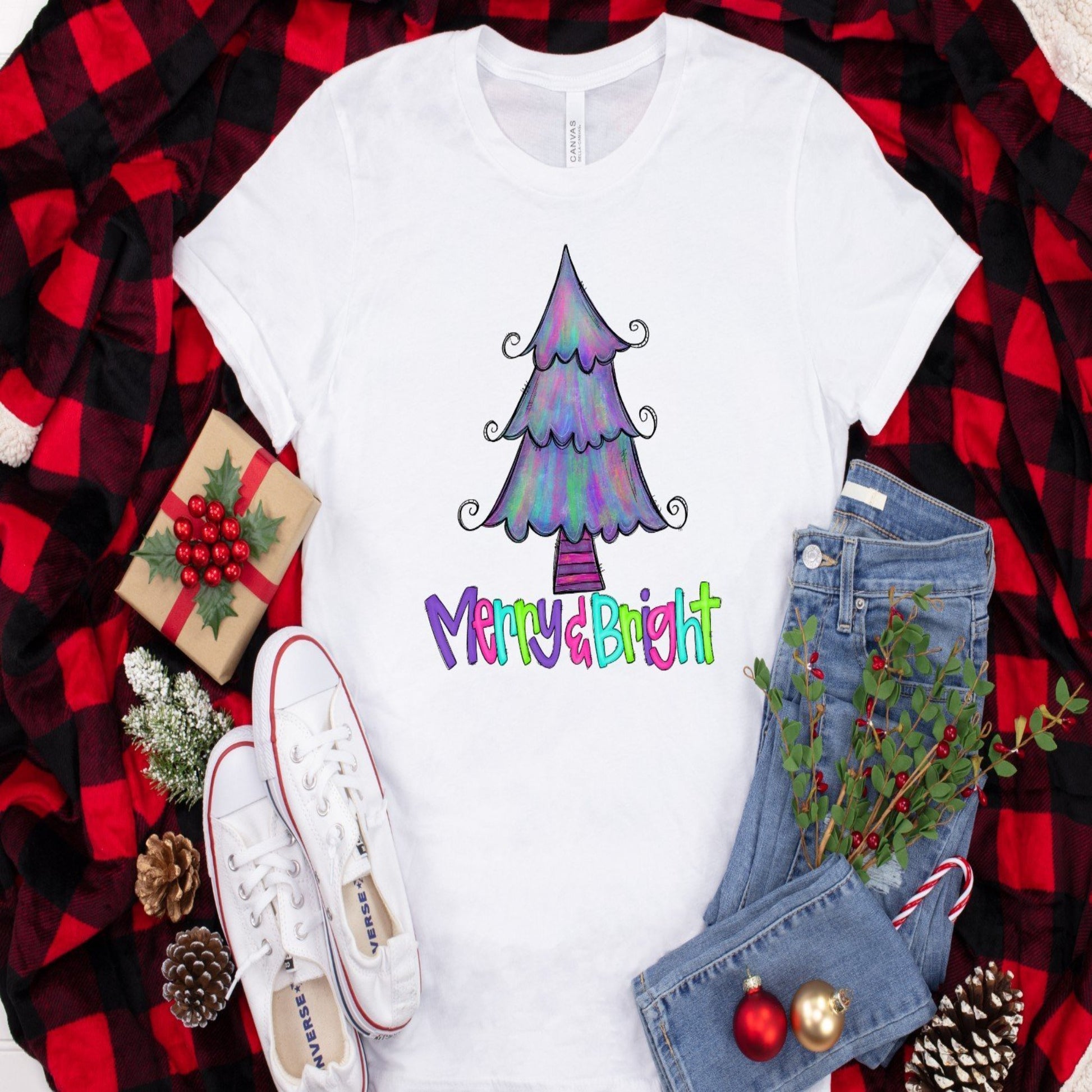 merry_and_bright with christmas tree specialty tee christmas shirt holiday wear casual tshirt 
