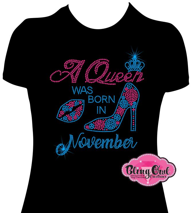 queen_was_born_november birthday_month crown_lips_stilleto design rhinestones sparkle bling transfer
