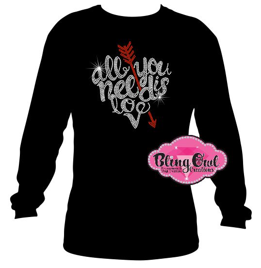 All you need is love black long sleeve Rhinestone Sparkle Bling Design