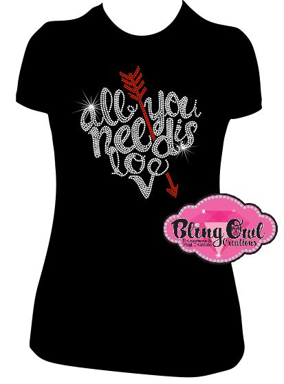 All you need is love Women black t-shirt Rhinestone Sparkle Bling Design