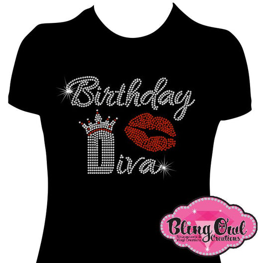 birthday_diva_crown_lips design fitted shirt rhinestones sparkle bling