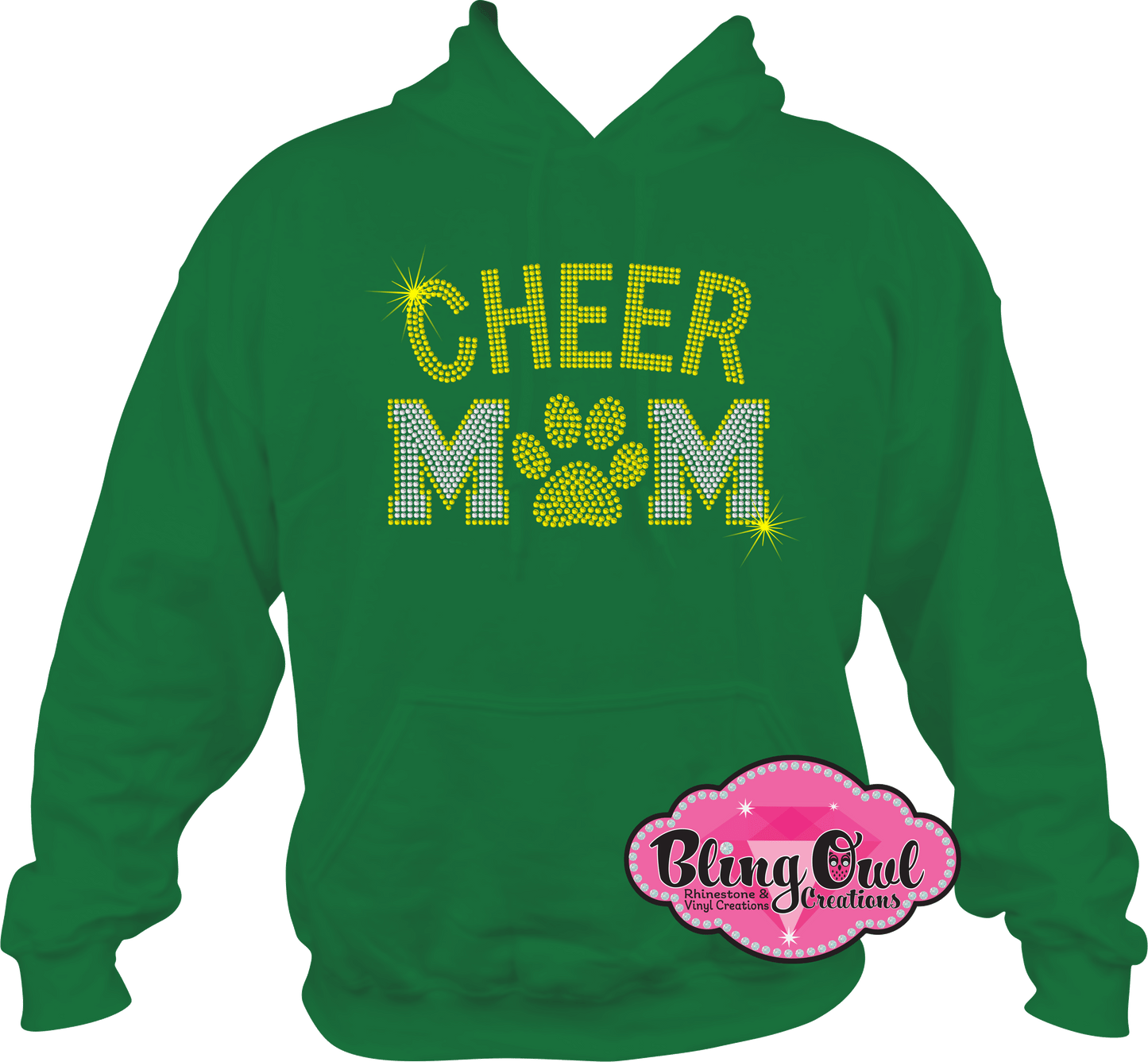 cheer_mom with paw rhinestones sparkle bling transfer