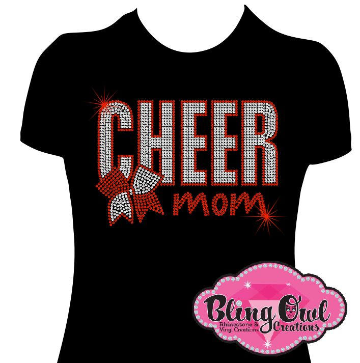 cheer_mom_with_bow unisex shirt rhinestones sparkle bling perfect and trendy shirt for moms who shows support to their kids cheerleading routine match their team colors and logo as well. Custom Rhinestone Designed_ Sparkle and bling