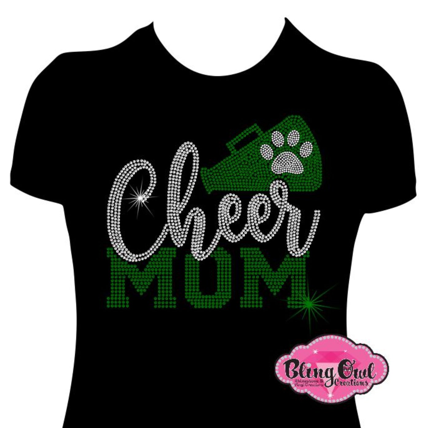 cheer_mom_megaphone design glam_shirt rhinestones sparkle bling _perfect_cute_trendy_cheer_mom_tees gameday_outfit school_spirit_wear for moms
