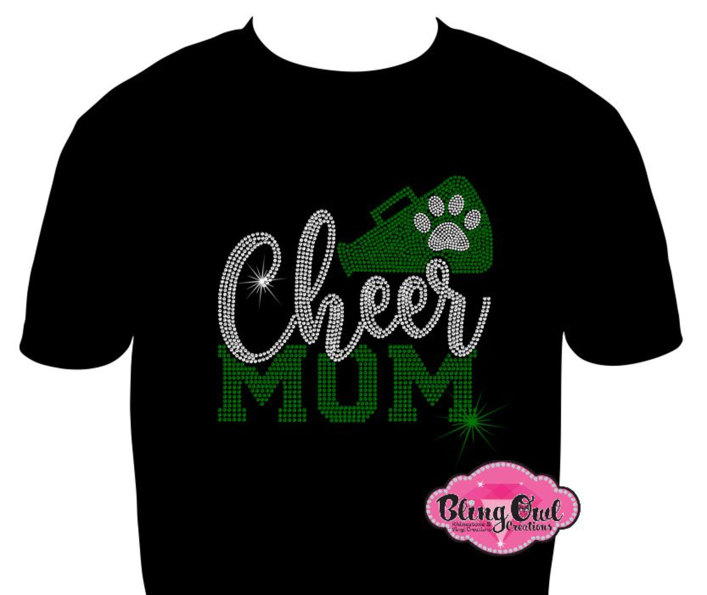 cheer_mom_megaphone design glam_shirt rhinestones sparkle bling _perfect_cute_trendy_cheer_mom_tees gameday_outfit school_spirit_wear for moms